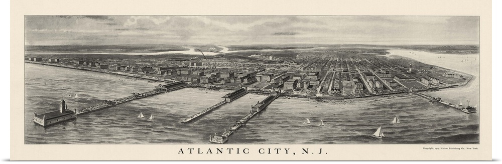 Vintage Birds Eye View Map of Atlantic City, New Jersey