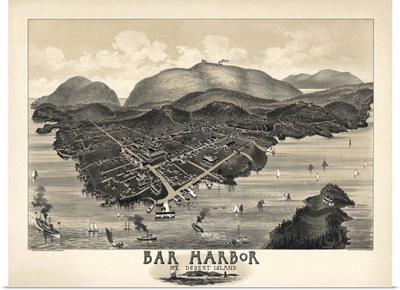Vintage Birds Eye View Map of Bar Harbor, Maine