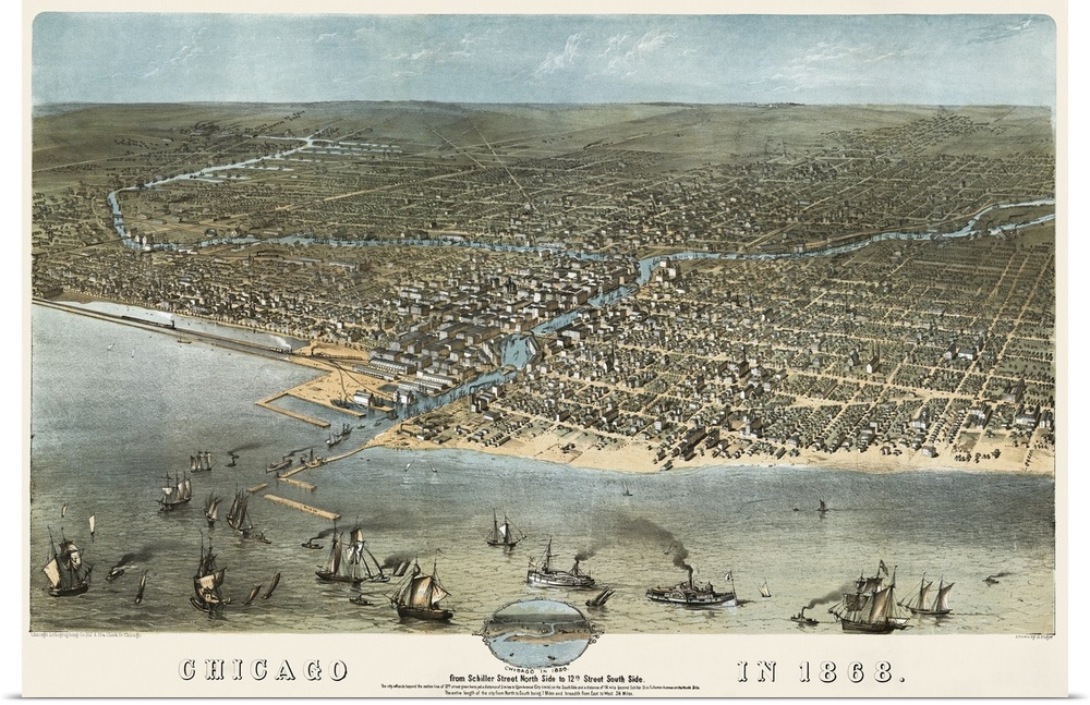 Old map of U.S. city and its boat filled water front from an aerial view.