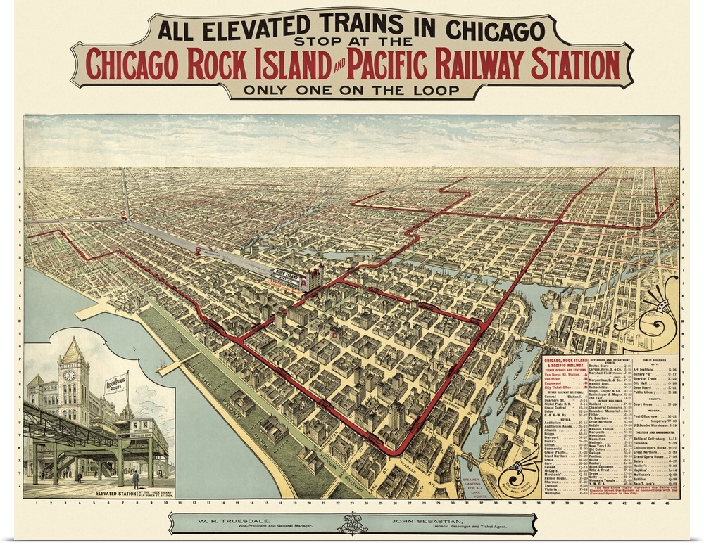 Large, horizontal, vintage, birds eye view map of Chicago, Illinois.  Text at the top of the map reads "All elevated train...