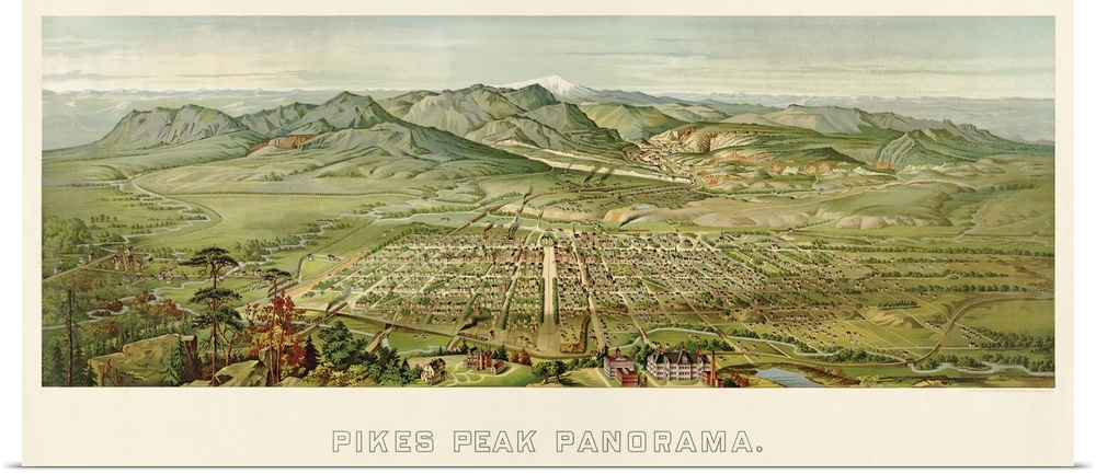 Vintage Birds Eye View Map of Colorado Springs and Pikes Peak, Colorado