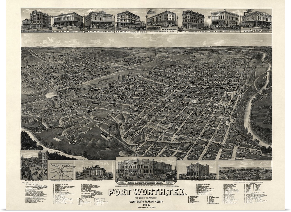 Vintage Birds Eye View Map of Fort Worth, Texas