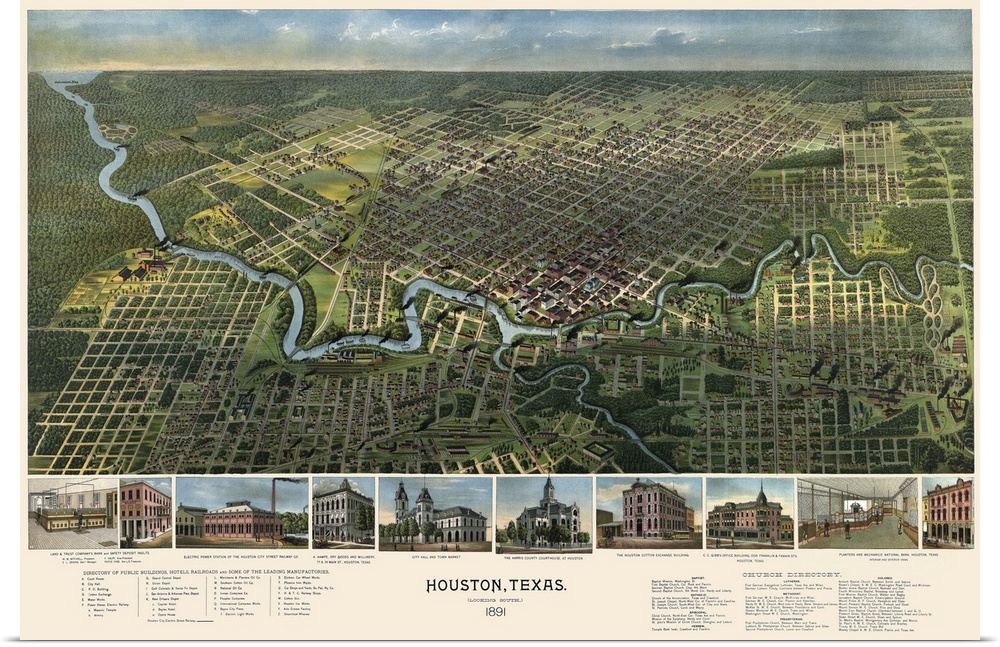 Large, landscape, aerial vintage map of Houston Texas from 1891, small images below the map depict well known buildings in...