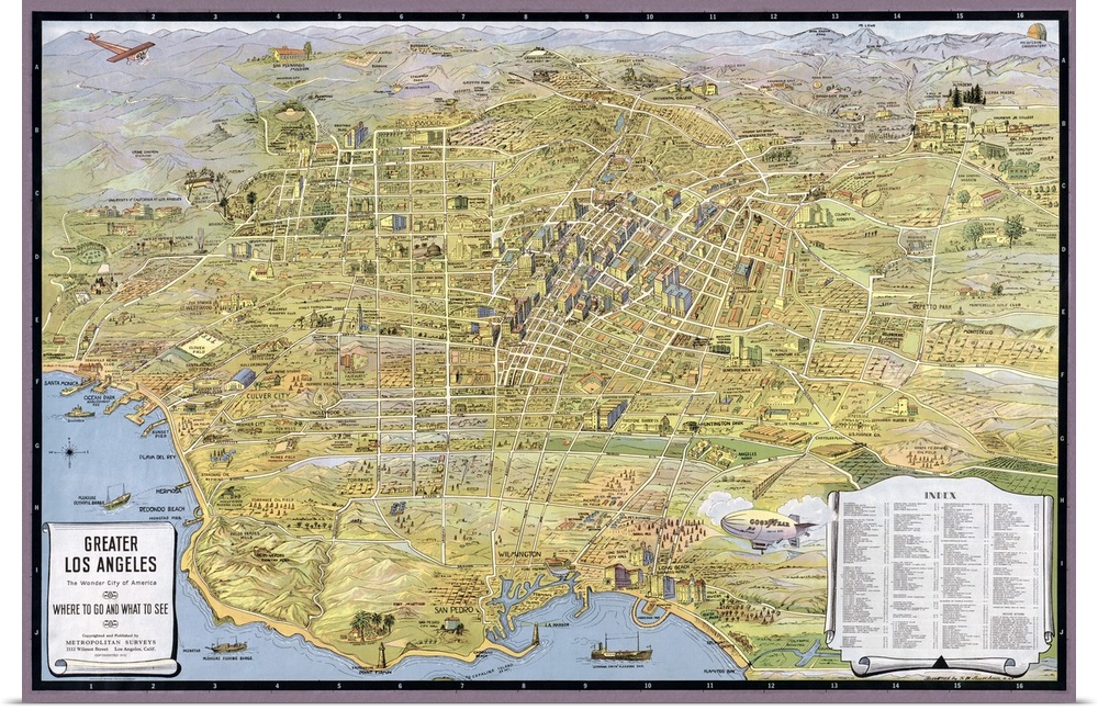 This large vintage map depicts the city of Los Angeles. The map is drawn with streets, buildings, mountains and much more.