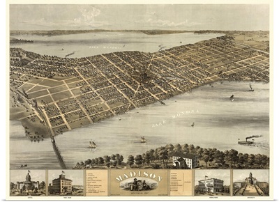 Vintage Birds Eye View Map of Madison, Wisconsin