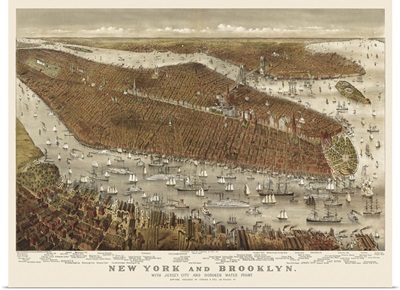 Vintage Birds Eye View Map of New York and Brooklyn