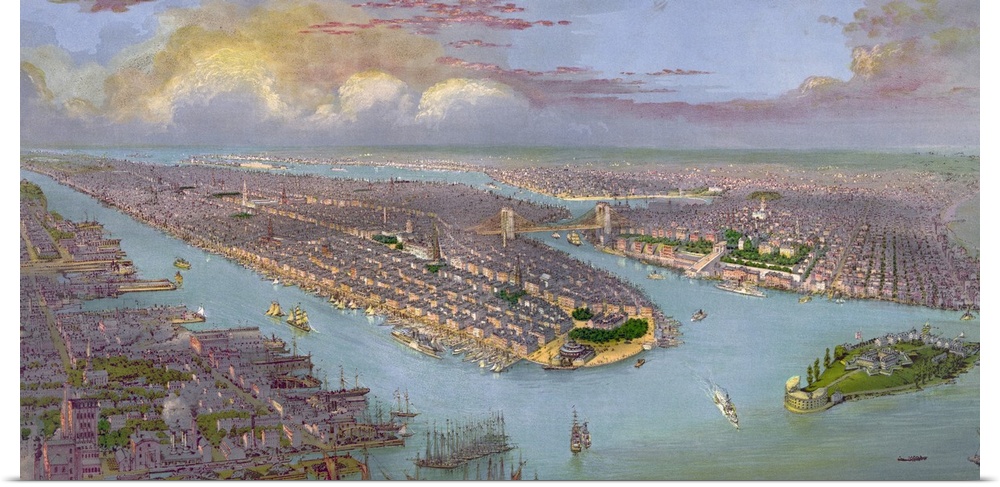 This large piece is an antique birds eye view map of New York City in color.