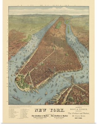 Vintage Birds Eye View Map of New York City