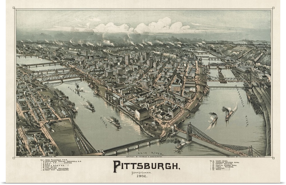 Old photograph of high angle view of city and waterway with boats.
