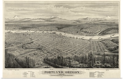 Vintage Birds Eye View Map of Portland, Oregon