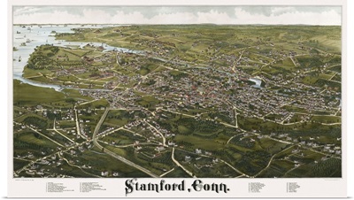 Vintage Birds Eye View Map of Stamford, Connecticut