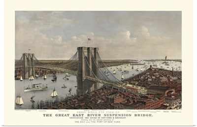 Vintage Birds Eye View Map of the Brooklyn Bridge and New York