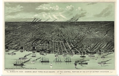 Vintage Birds Eye View Map of the Central Portion of the city of Detroit, Michigan