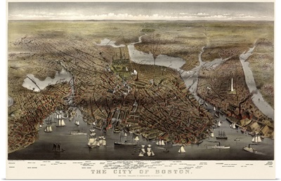 Vintage Birds Eye View Map of the City of Boston