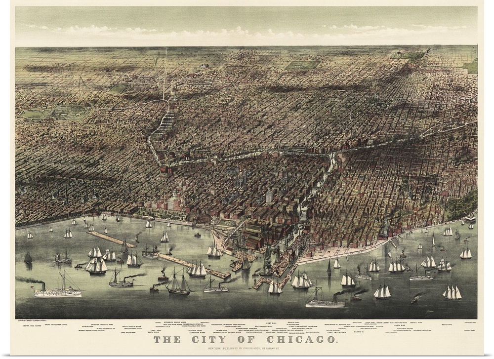 Horizontal, large wall picture of an aerial view of Chicago on a vintage map.