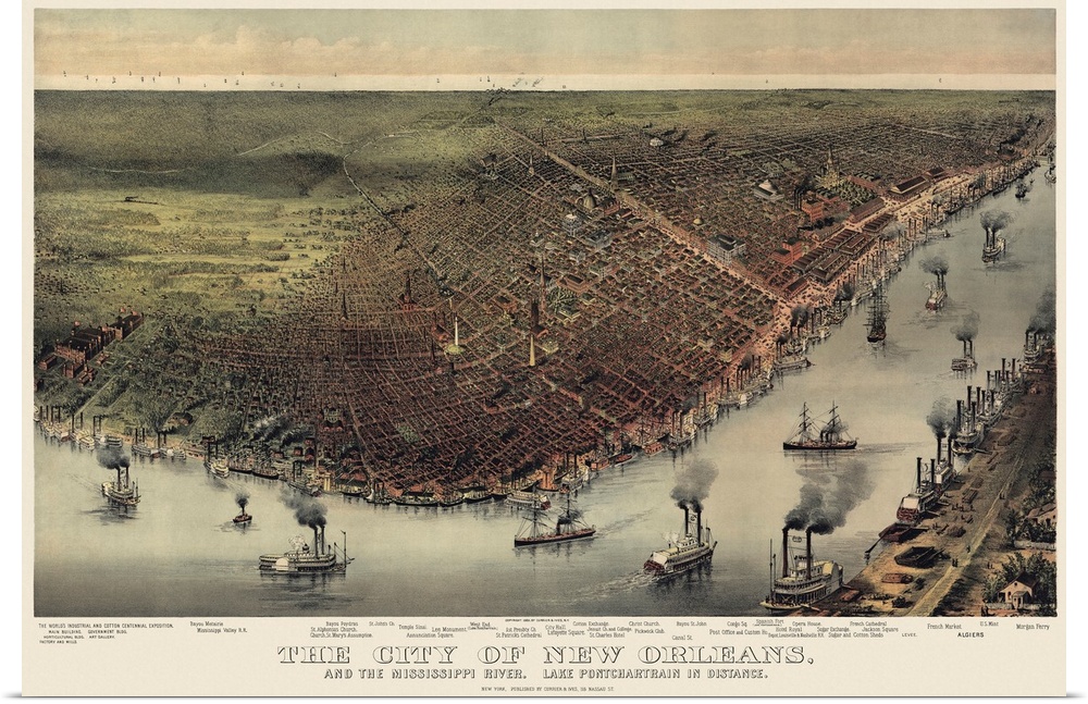 Huge antique illustration shows an aerial view of a famous city within Louisiana as it sits next to the Mississippi River ...
