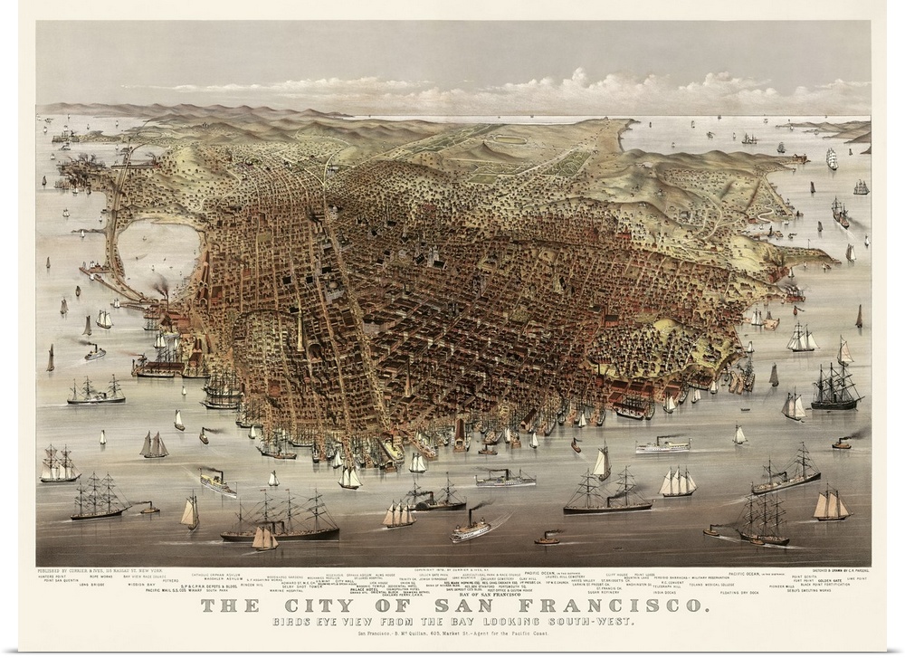 This is an antique map of San Francisco with the buildings drawn in for each block and surrounded by boats in the water of...