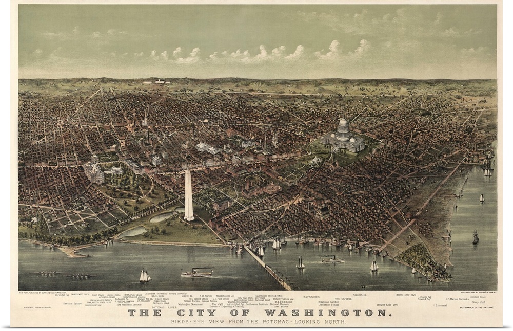 Large antique illustration shows an aerial view of the United States of America as it sits next to the Potomac River fille...