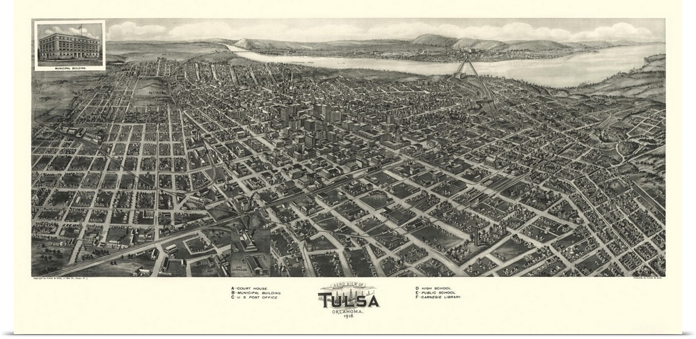 Old map of an aerial view of U.S. city.