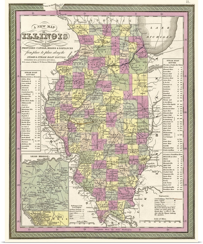 Vintage Map of Illinois, with its Proposed Canals, Roads and Distances