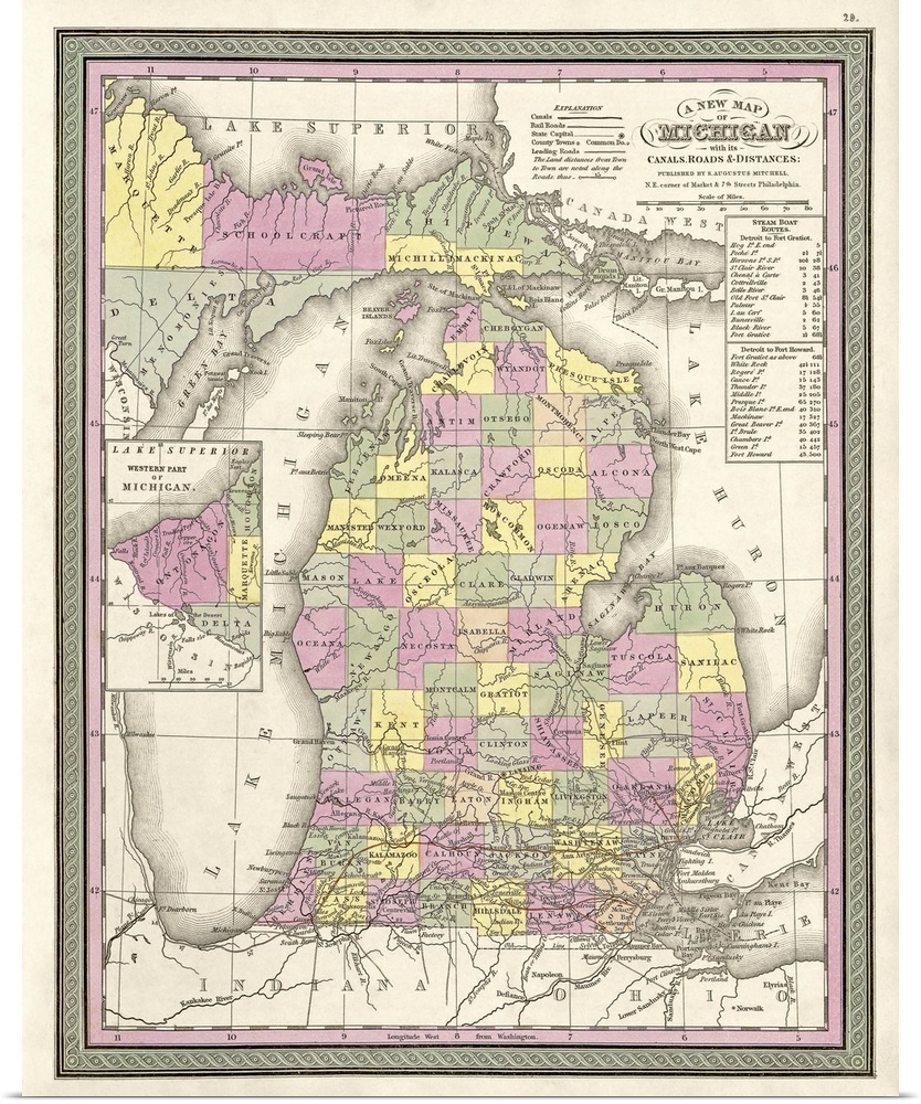 Vintage Map of Michigan with its Canals, Roads, and Distances