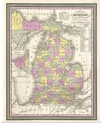 Vintage Map of Michigan with its Canals, Roads, and Distances