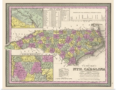 Vintage Map of North Carolina, with its Canals, Roads and Distances from Place to Place
