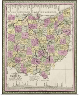 Vintage Map of Ohio with its Canals, Roads, and Distances