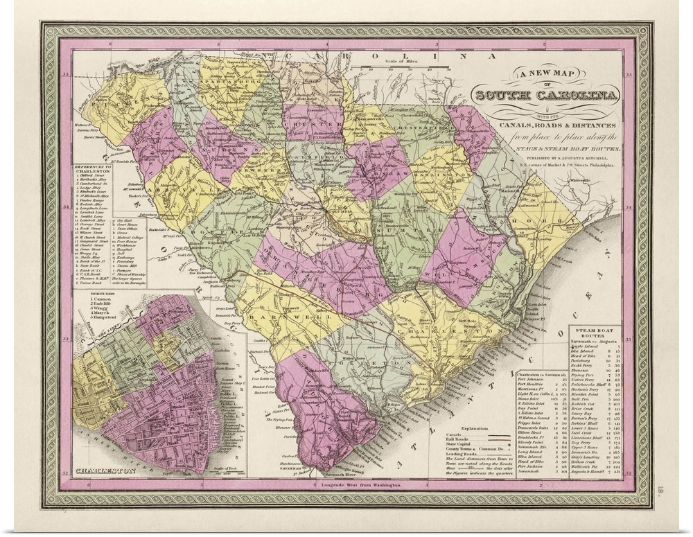 Vintage Map of South Carolina, with its Roads and Distances from Place to Place