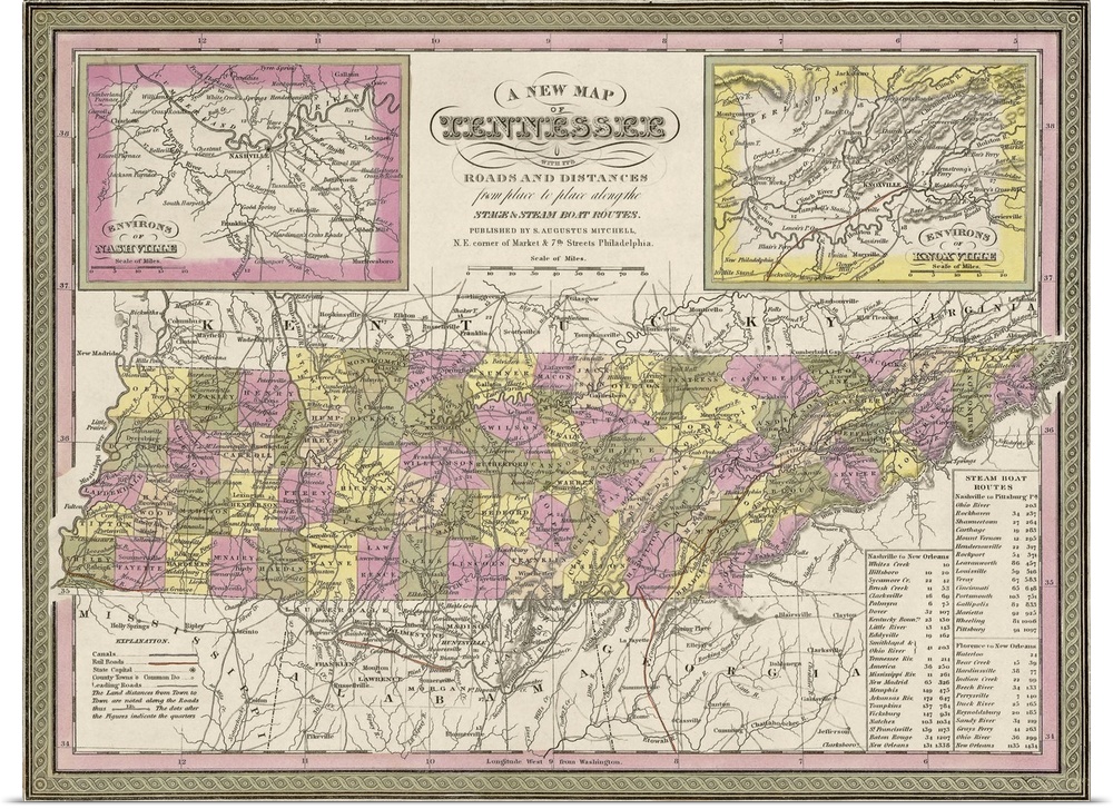Vintage Map of Tennessee, with its Roads and Distances from Place to Place