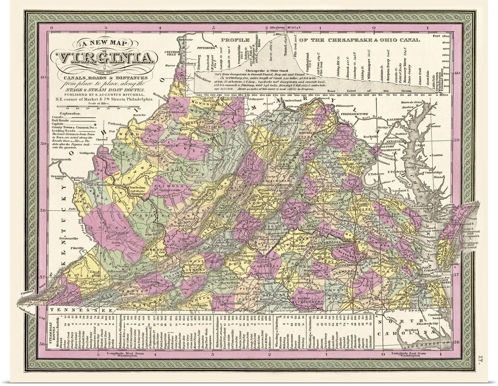 Oversized, horizontal, vintage map of Virginia, detailed with its canals and roads, and including distances from one place...