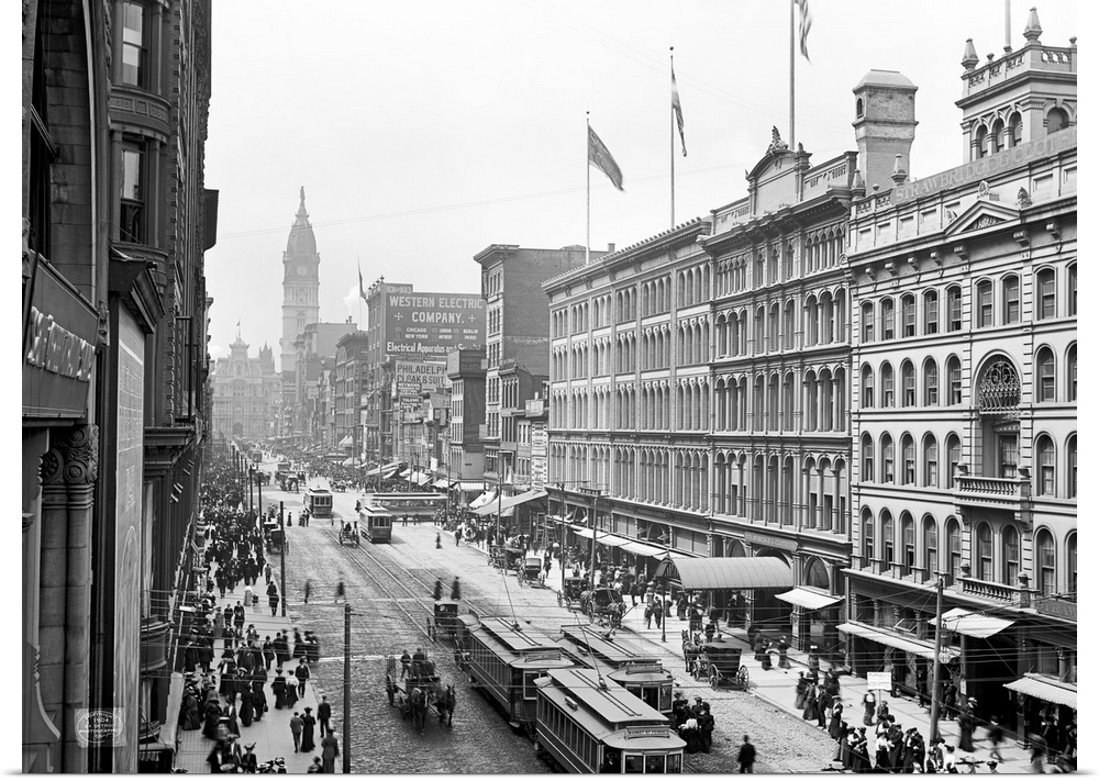 Antiqued canvas photo print of old buildings with street cars and horses traveling through the middle street.