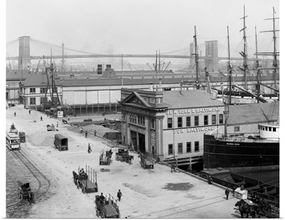 Vintage photograph of South Street Piers and Brooklyn Bridge, New York City