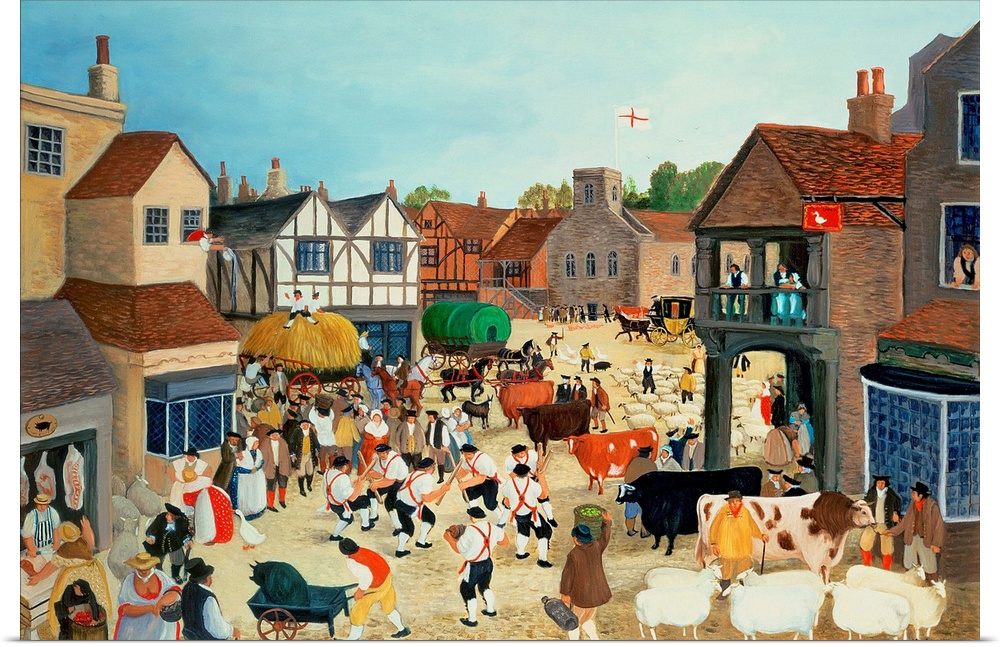 Contemporary painting of people in a market square with livestock.