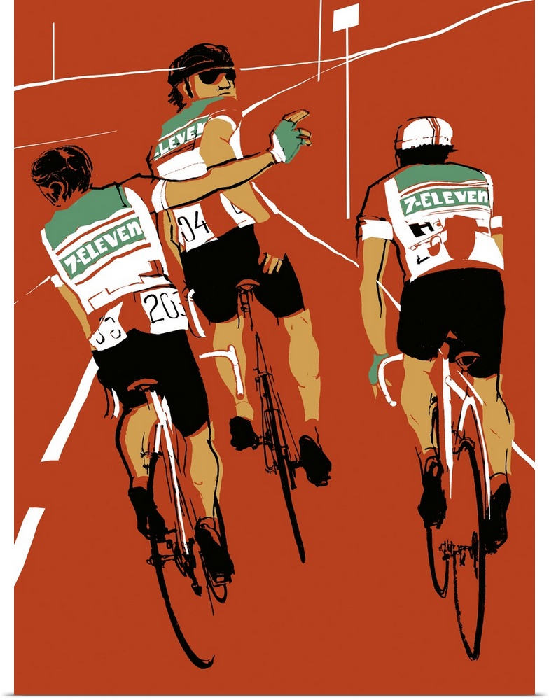Contemporary illustration of a rear view of a cyclists riding against a muted red background.