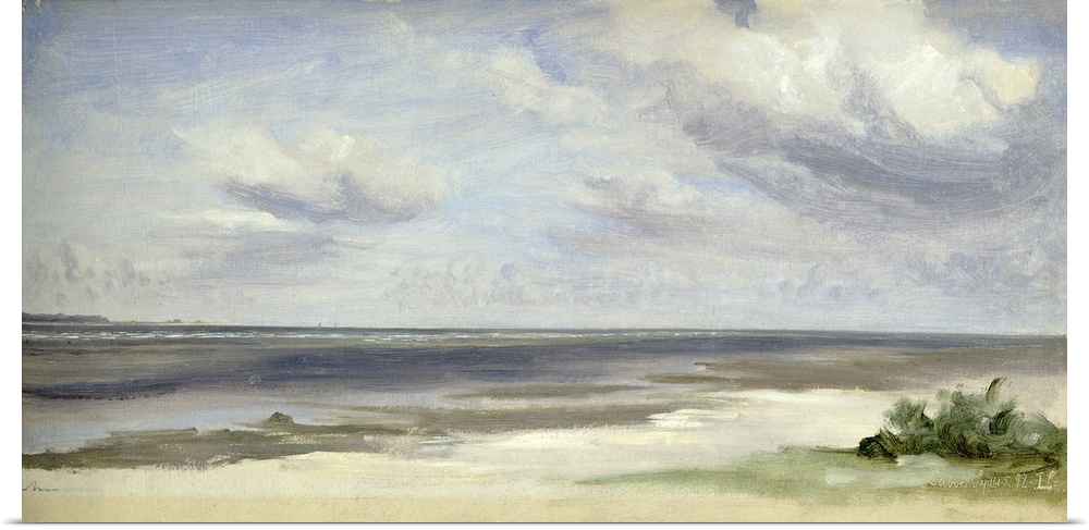 Traditional panoramic painting of seashore with small grass patch under a cloudy sky.