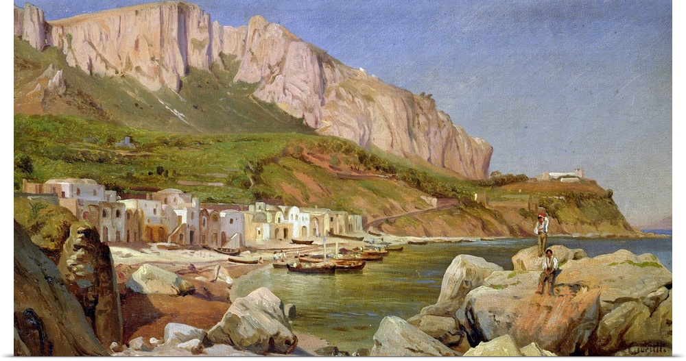Oil painting overlooking a small fishing village in a bay with large cliffs and rocks surrounding the Italian village.