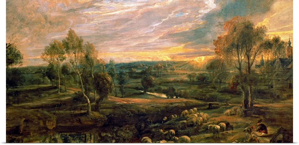 BAL99417 A Landscape with a Shepherd and his Flock, c.1638 (oil on oak); by Rubens, Peter Paul (1577-1640); 49.4x83.5 cm; ...