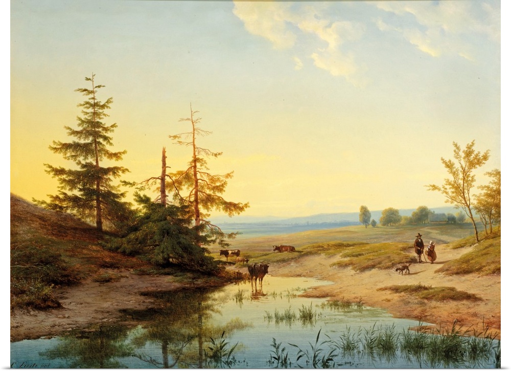 A moorland with figures and cattle by a pond, oil on panel.  By Cornelis Lieste (1817-1861).
