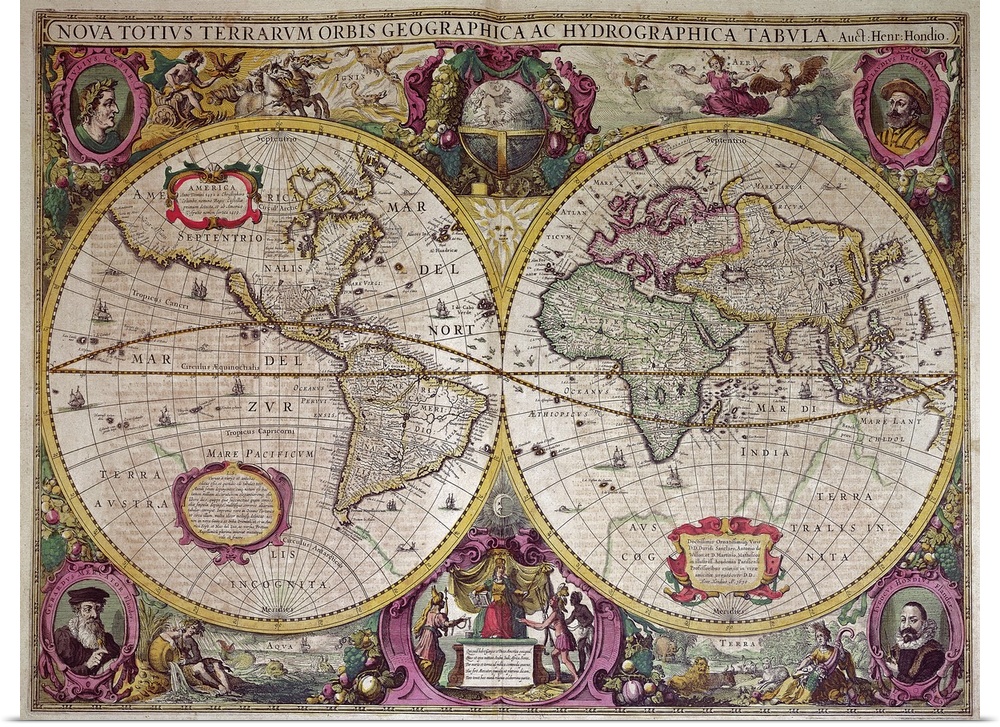 XCF291085 A New Land and Water Map of the Entire Earth, 1630 (coloured engraving)  by Hondius, Henricus (1597-1651); Priva...