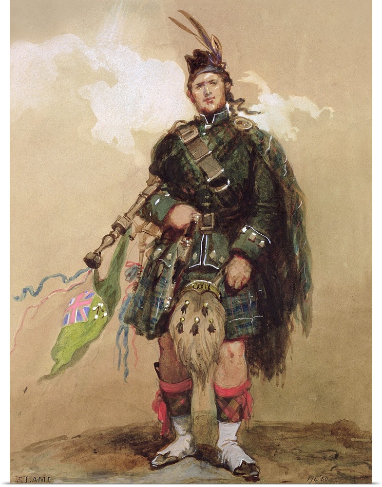 BAL16580 A Piper of the 79th Highlanders at Chobham Camp in 1853 by Lami, Eugene-Louis (1800-90)