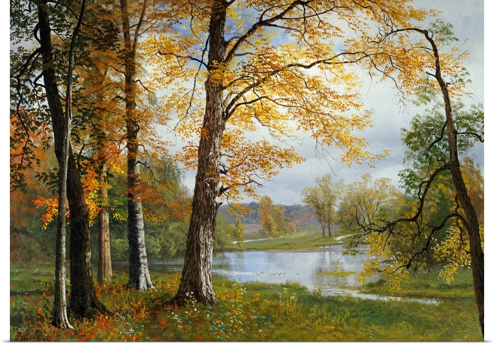 Classic painting of a small wooded grove near a pond, the trees in autumn colors and hills in the distance.