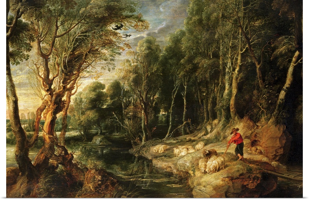 Classic artwork of a shepherd standing on land beside water with his flock of sheep as they eat the grass.