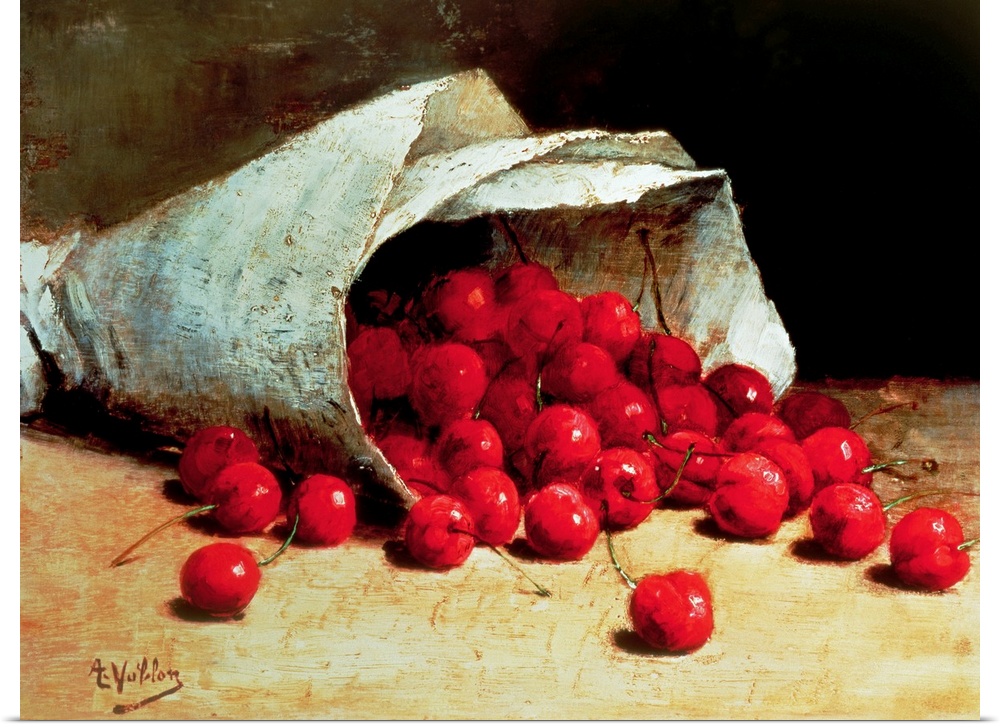 Classic art painting of a paper cone filled with bright cherries spilling on to the floor.