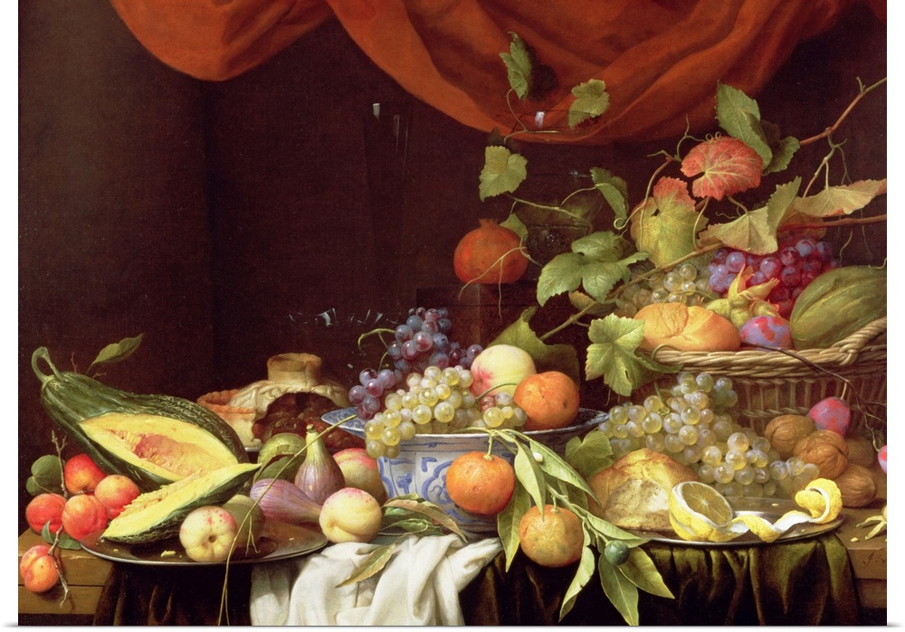 Horizontal, still life painting of a variety of fruits and leaves spread amongst a table in bowls, baskets and plates. A l...