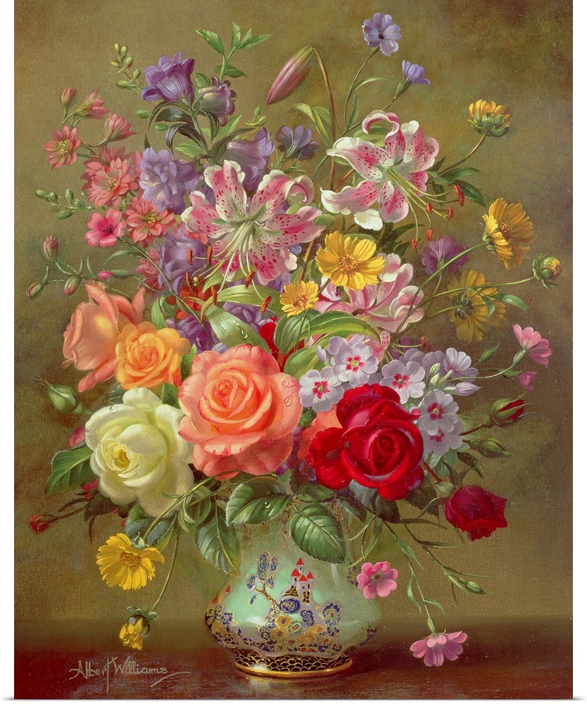 Big, vertical artwork of a large bouquet of a variety of colorful flowers in an ornate vase, on a neutral background.