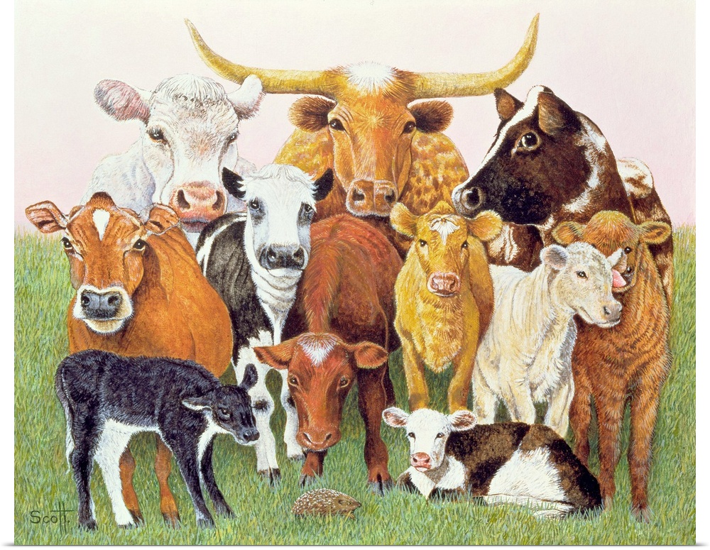 Contemporary painting of several breeds of cattle.