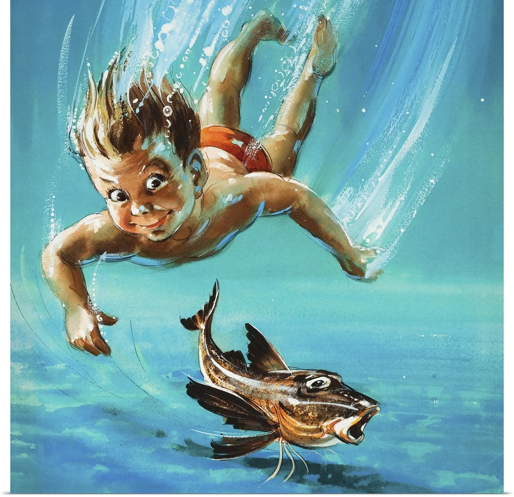 A young child diving as a tropical fish is startled.