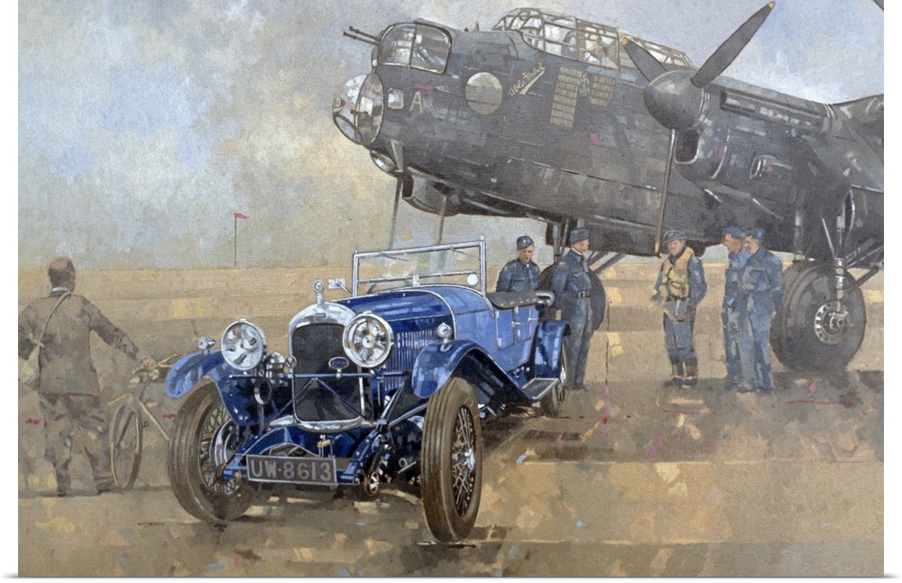 Oil painting of vintage aircraft and car surrounded with soldiers, pilots, and a man on a bike standing by.