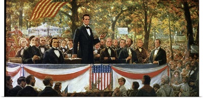 Abraham Lincoln and Stephen A. Douglas debating at Charleston, Illinois